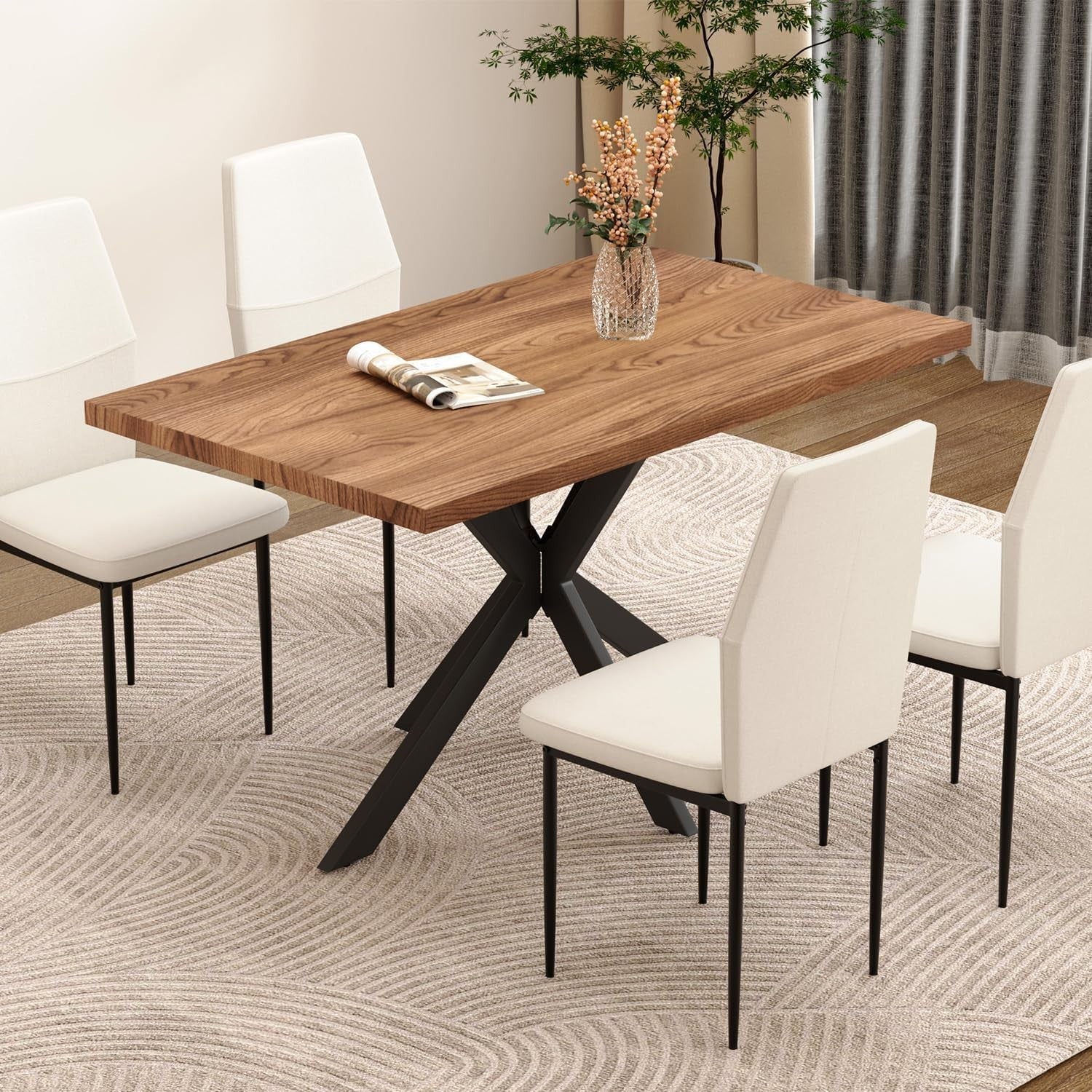 Rustic Industrial Dining Table Wood Top Black Metal Legs 120cm Modern