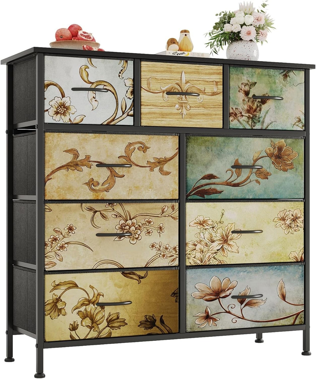 9 Drawer Tall Chest Fabric Dresser Storage Unit Floral Black Wood Top