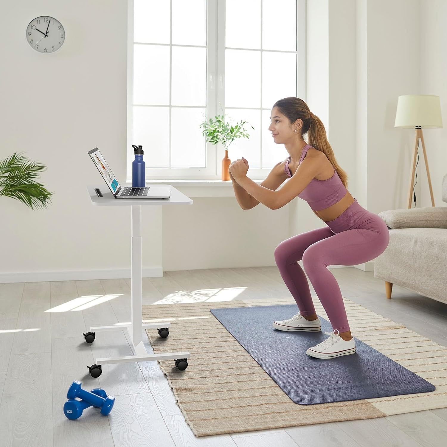 Mobile Standing Desk Height Adjustable Rolling Laptop Table Sit Stand White