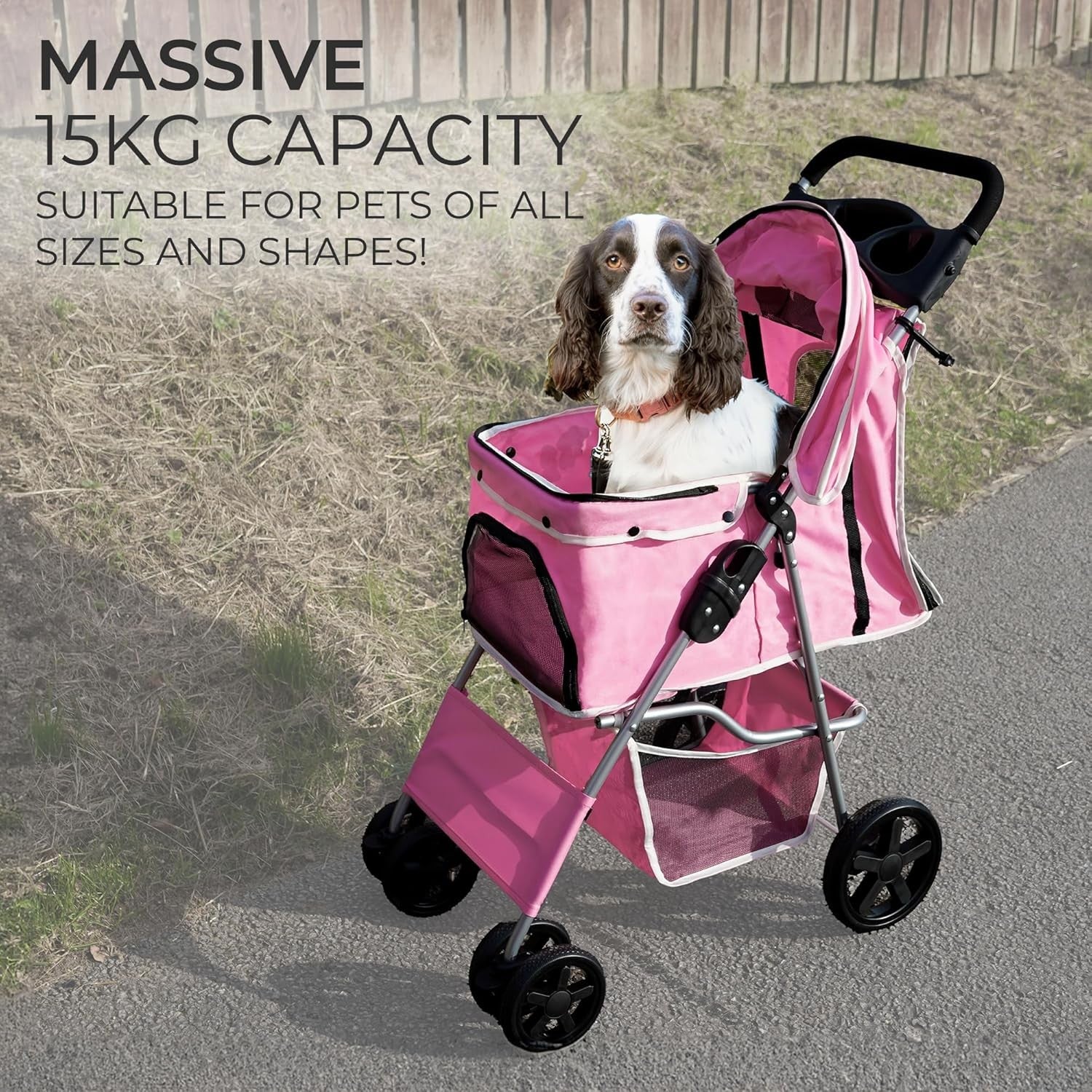 Pink Pet Stroller Pushchair Foldable Dog Cat Pram 15kg with Brakes