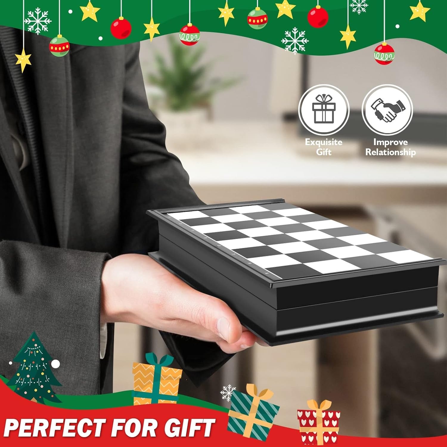 Portable Magnetic Travel Chess Set Foldable Board Black White Pieces Kids Adults