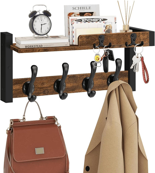Rustic Wall Coat Rack with Shelf & Key Holder Wood Floating Entryway Organizer