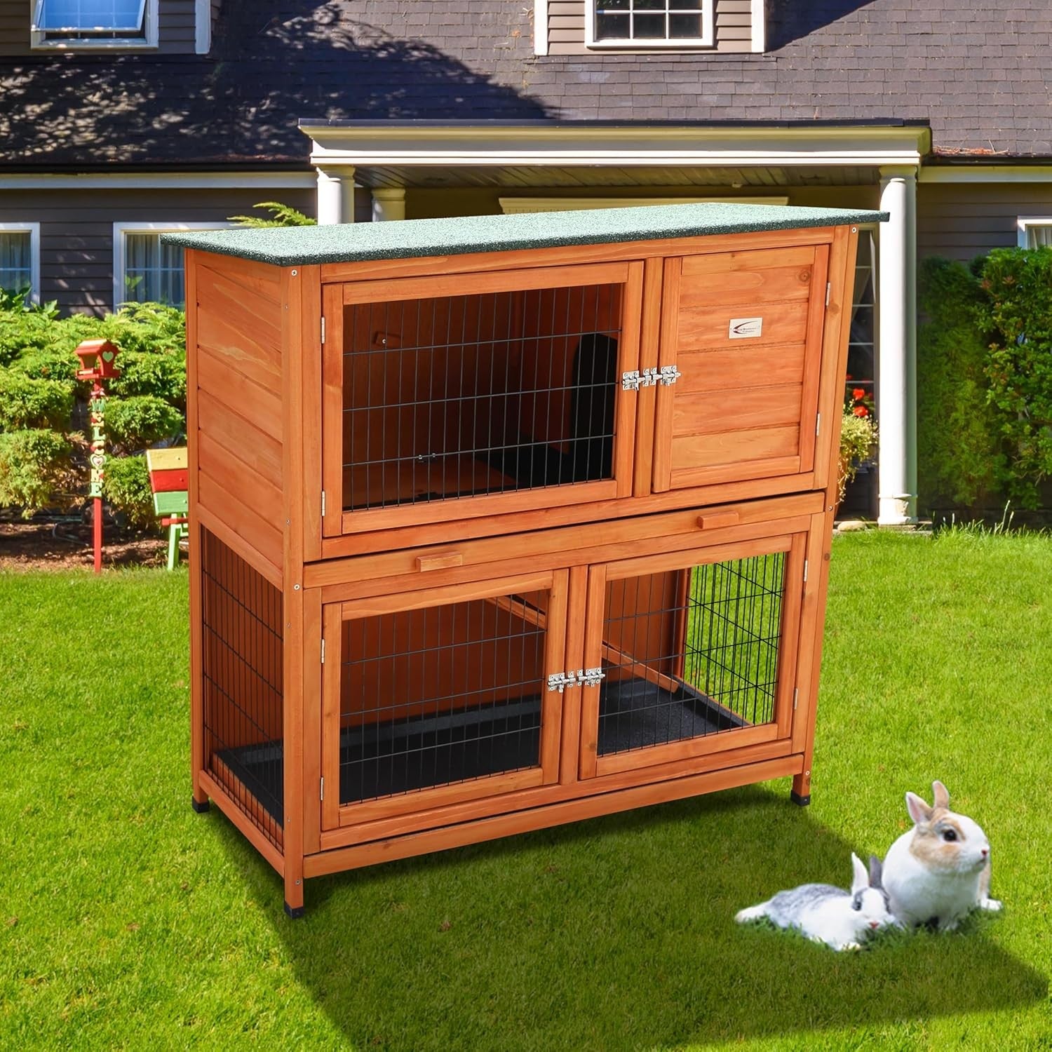 2 Tier Rabbit Hutch with Run Outdoor Wooden Cage Guinea Pig House