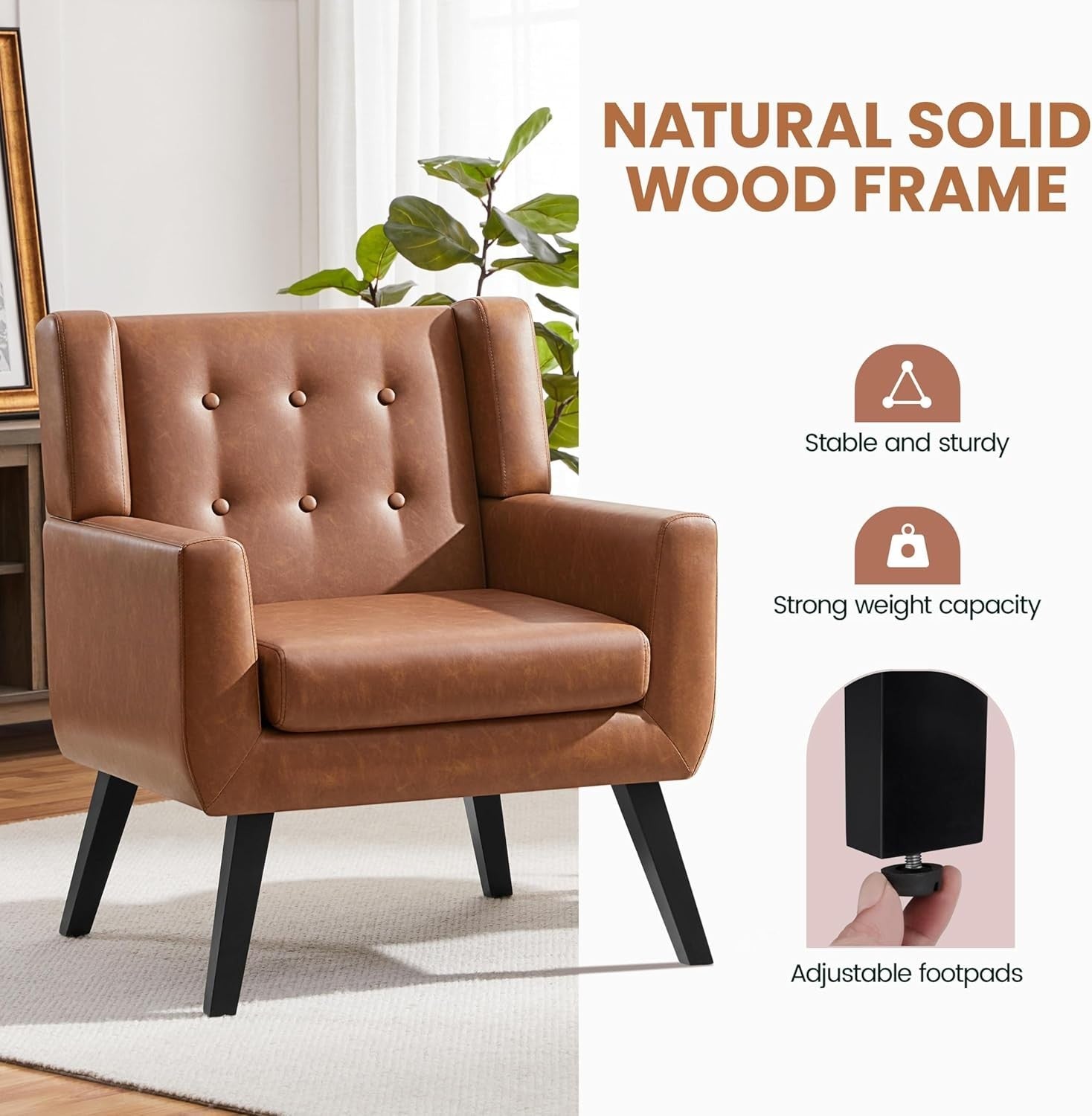 Retro Brown Tufted Armchair with Thick PU Cushion & Sturdy Wood Legs
