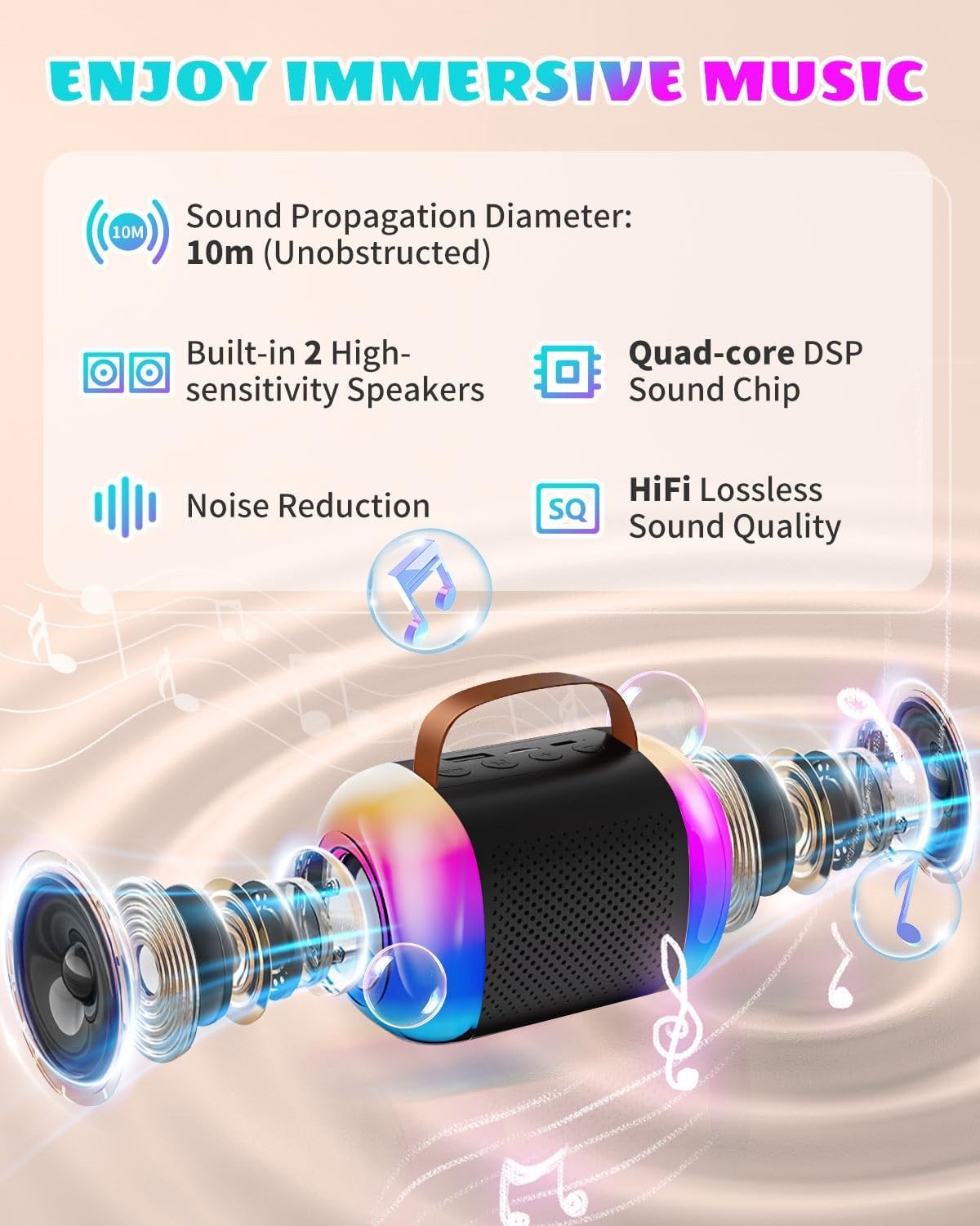 Black Mini Karaoke Machine 1 Wireless Mic Bluetooth LED Voice Changer