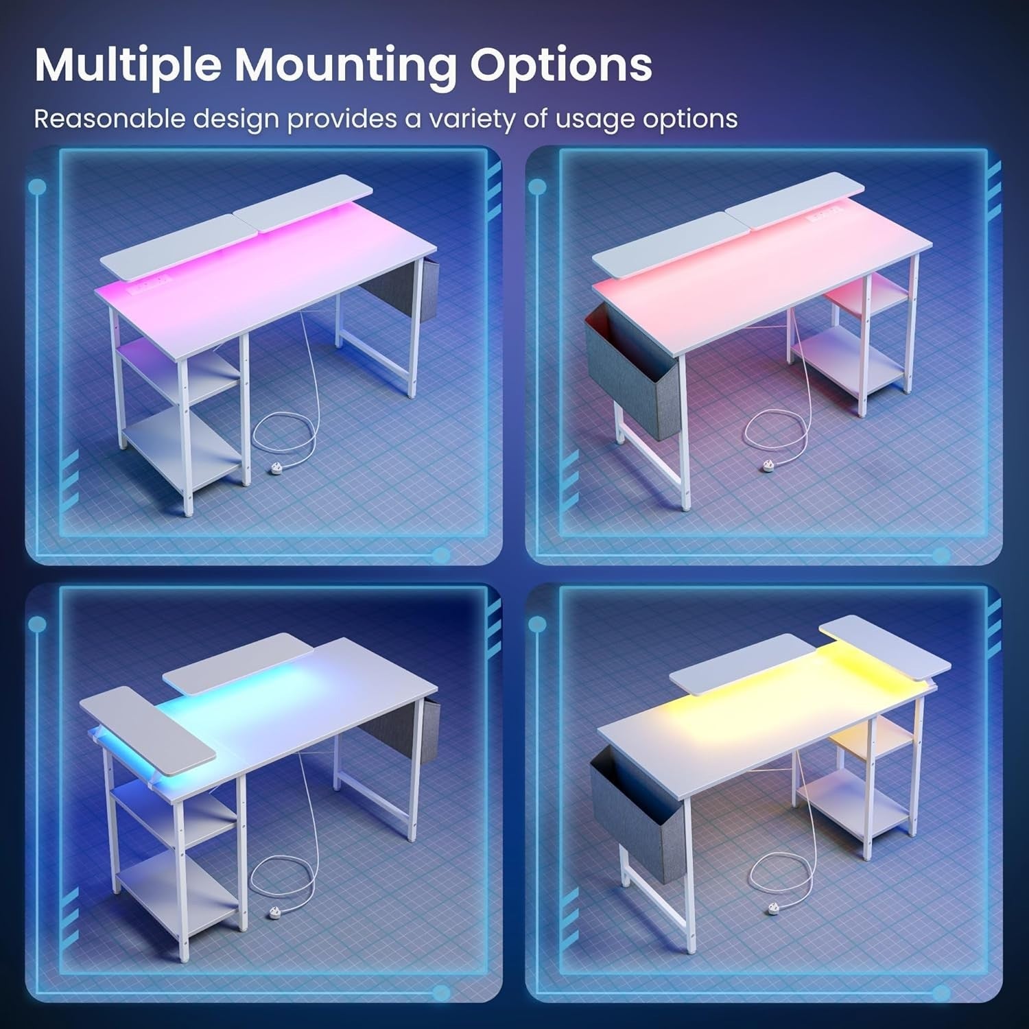 White LED Gaming Desk 120x50cm w/ Power Outlets & Dual Monitor Stands