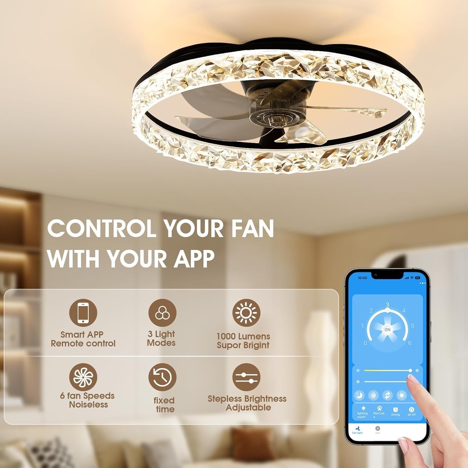 50CM LED Ceiling Fan Light, Remote & App Control, 6 Speeds, Black