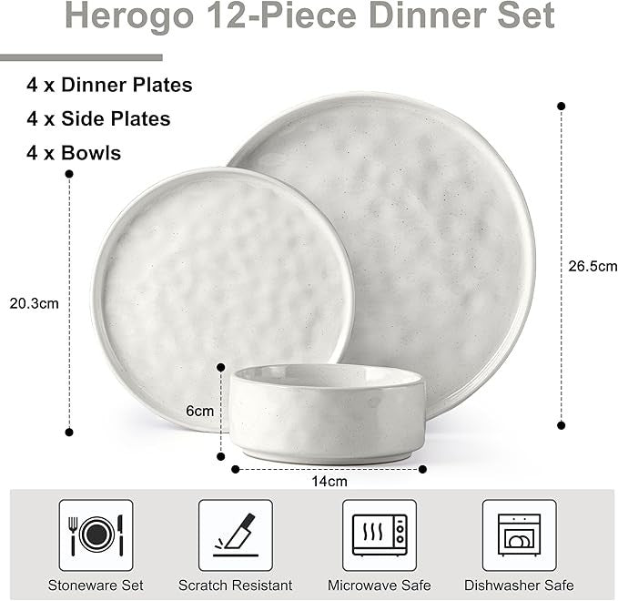12 Piece Stoneware Dinner Set for 4 Reactive Glaze Plates Bowls White