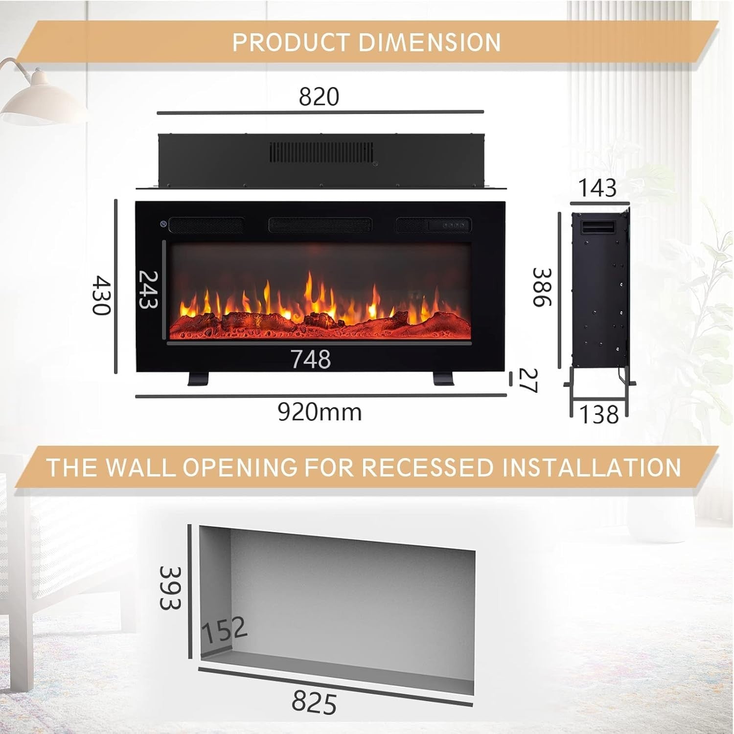 36" Wall Mounted Electric Fireplace with 9-Color Flame, Remote & Dual Heat