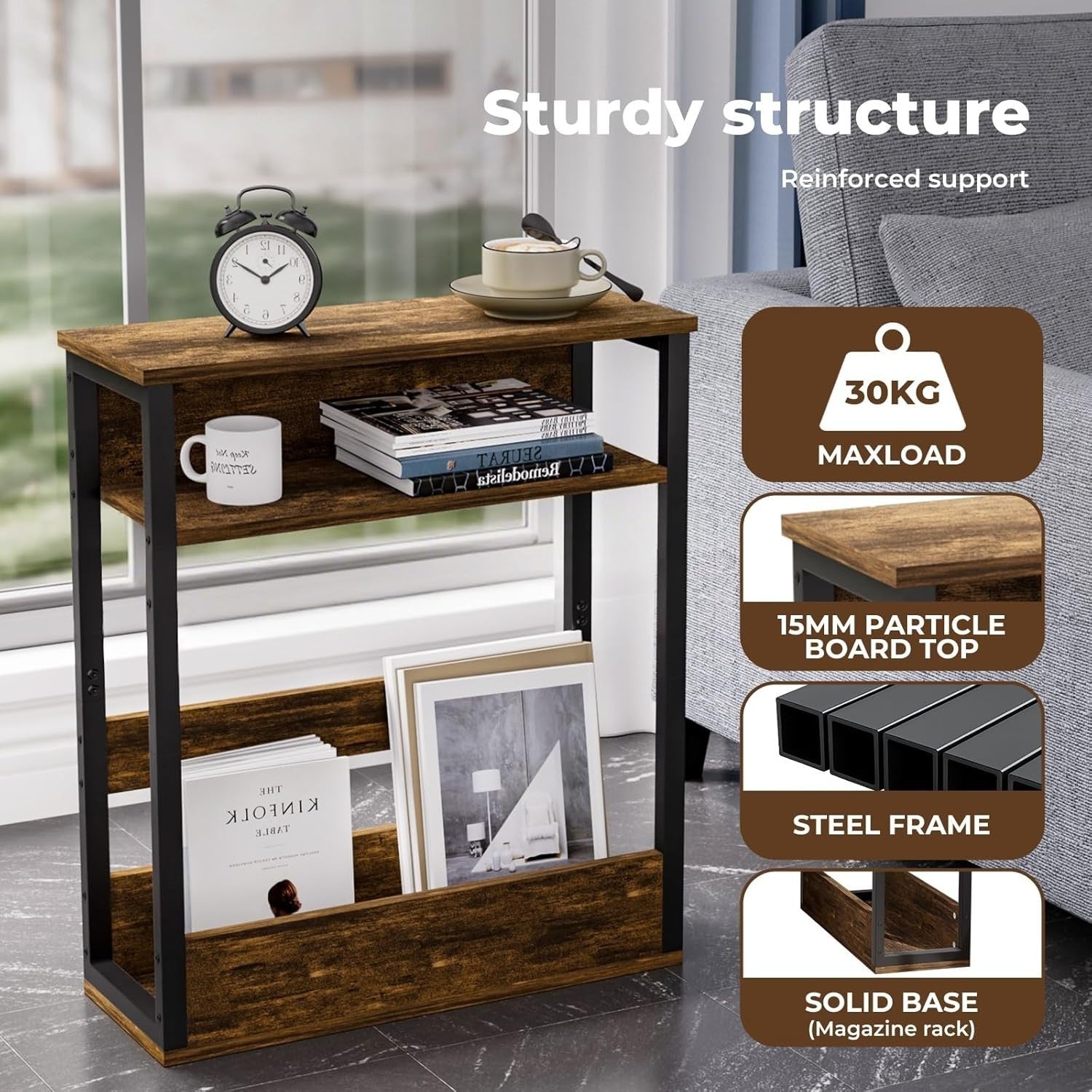 Space-Saving 3-Tier Side Table with Storage Shelf for Narrow Rooms Brown