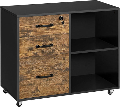 Rustic Brown Black Mobile Filing Cabinet 3 Drawer Home Office Storage Unit