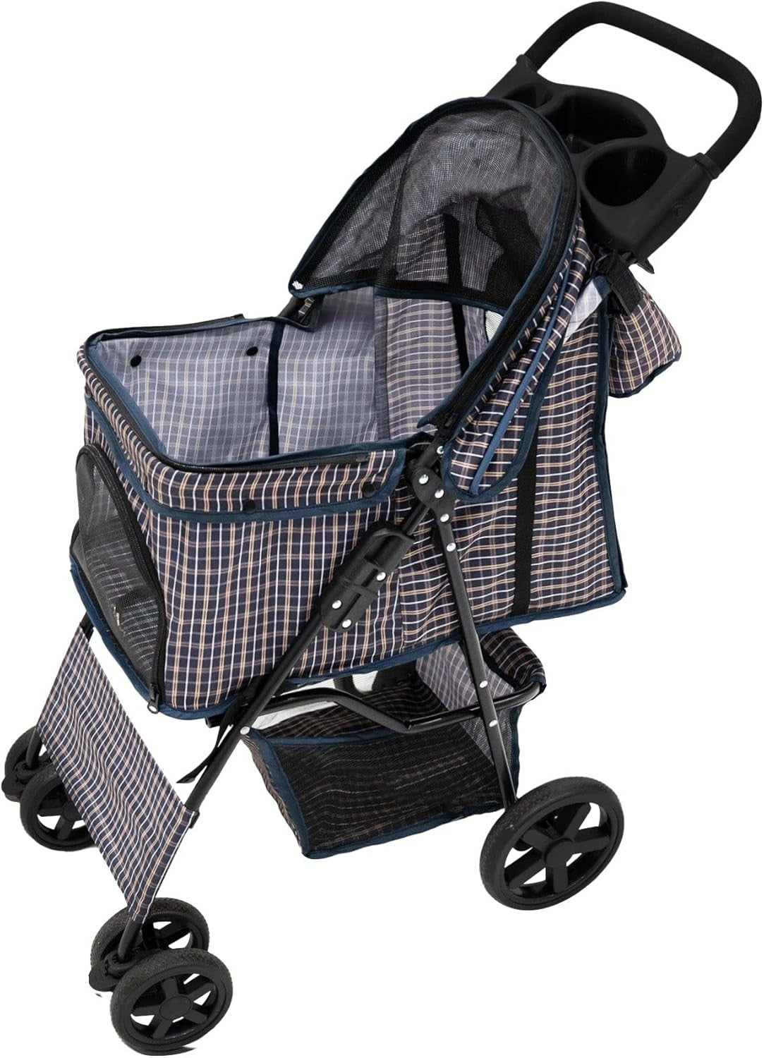 Grey Tartan Pet Stroller Pushchair with Caddy Bag Foldable 15kg Travel Pram