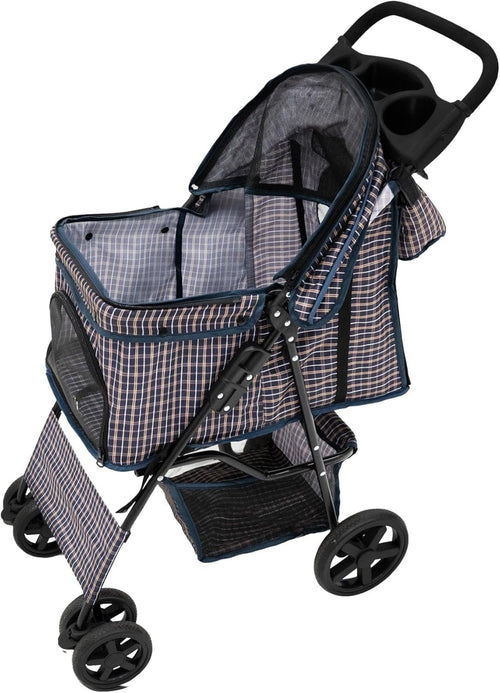 Grey Tartan Pet Stroller Pushchair with Caddy Bag Foldable 15kg Travel Pram