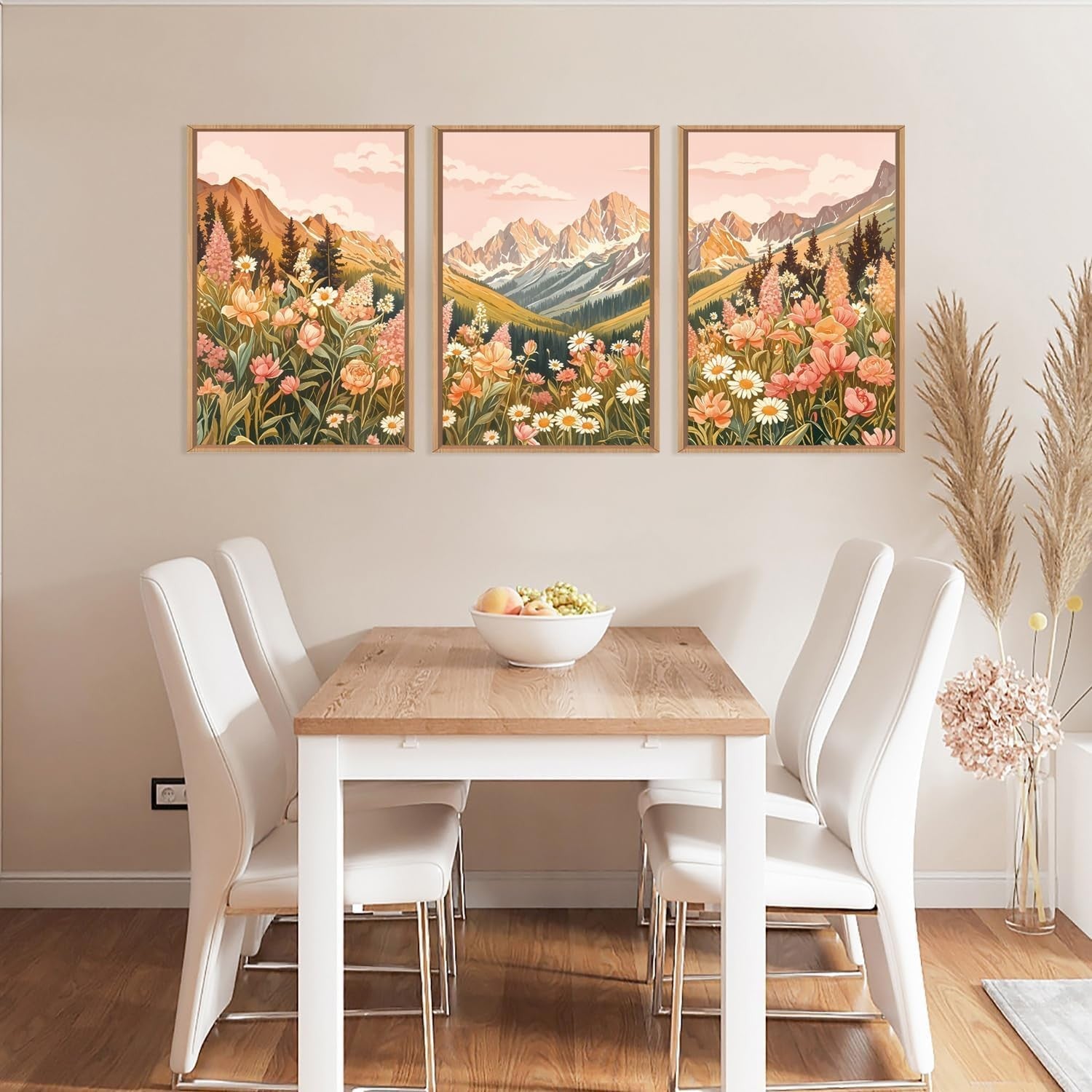 Abstract Floral Mountain Framed Canvas Wall Art Set 3 Boho Nature Decor