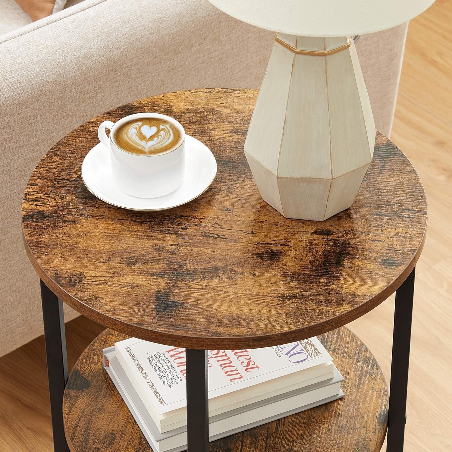 Round 3-Tier Side Table Rustic Brown Black Steel Frame Small Coffee End Table