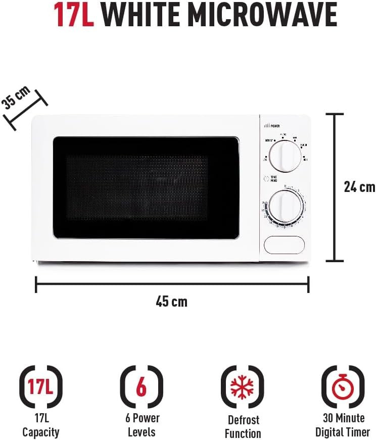 White 17L 700W Compact Microwave Oven 6 Power Levels Timer