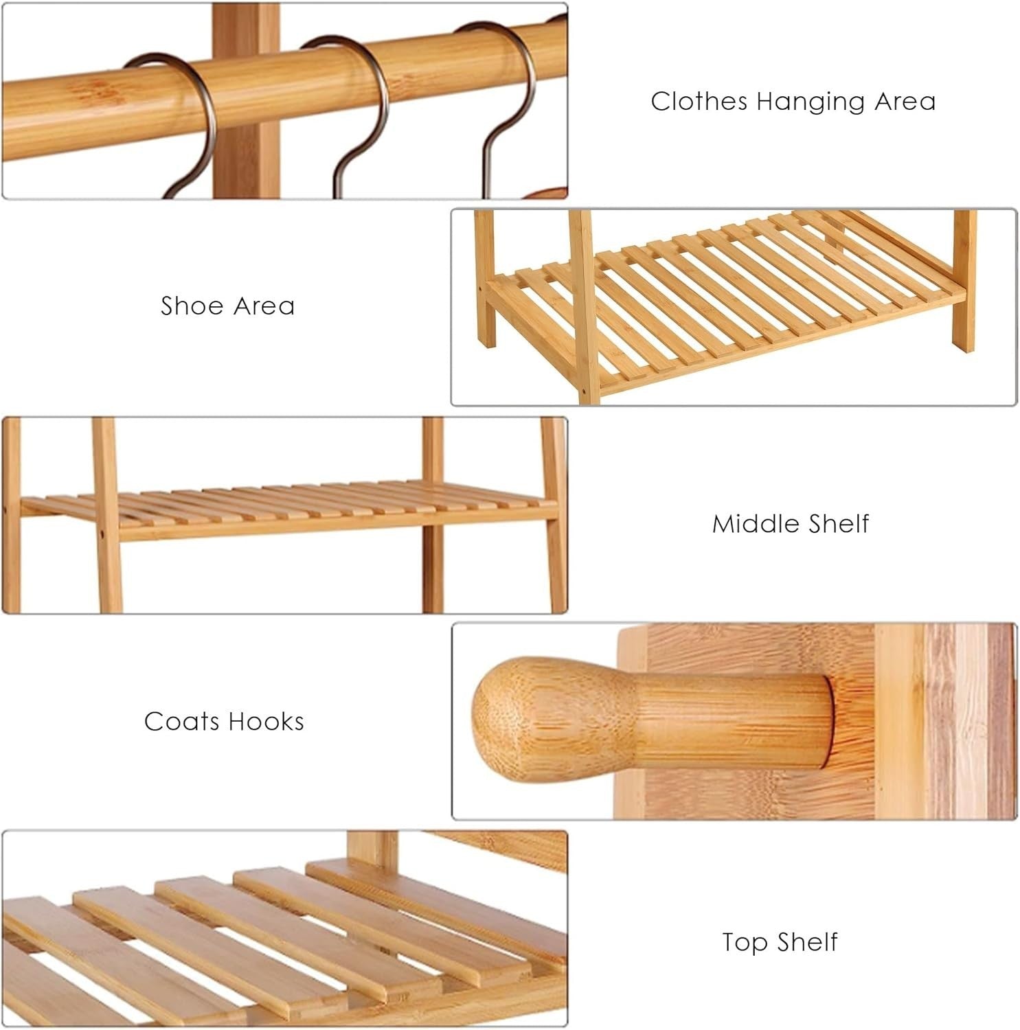 Bamboo Clothes Rack with Shelves & Hooks, Open Wardrobe Storage Stand