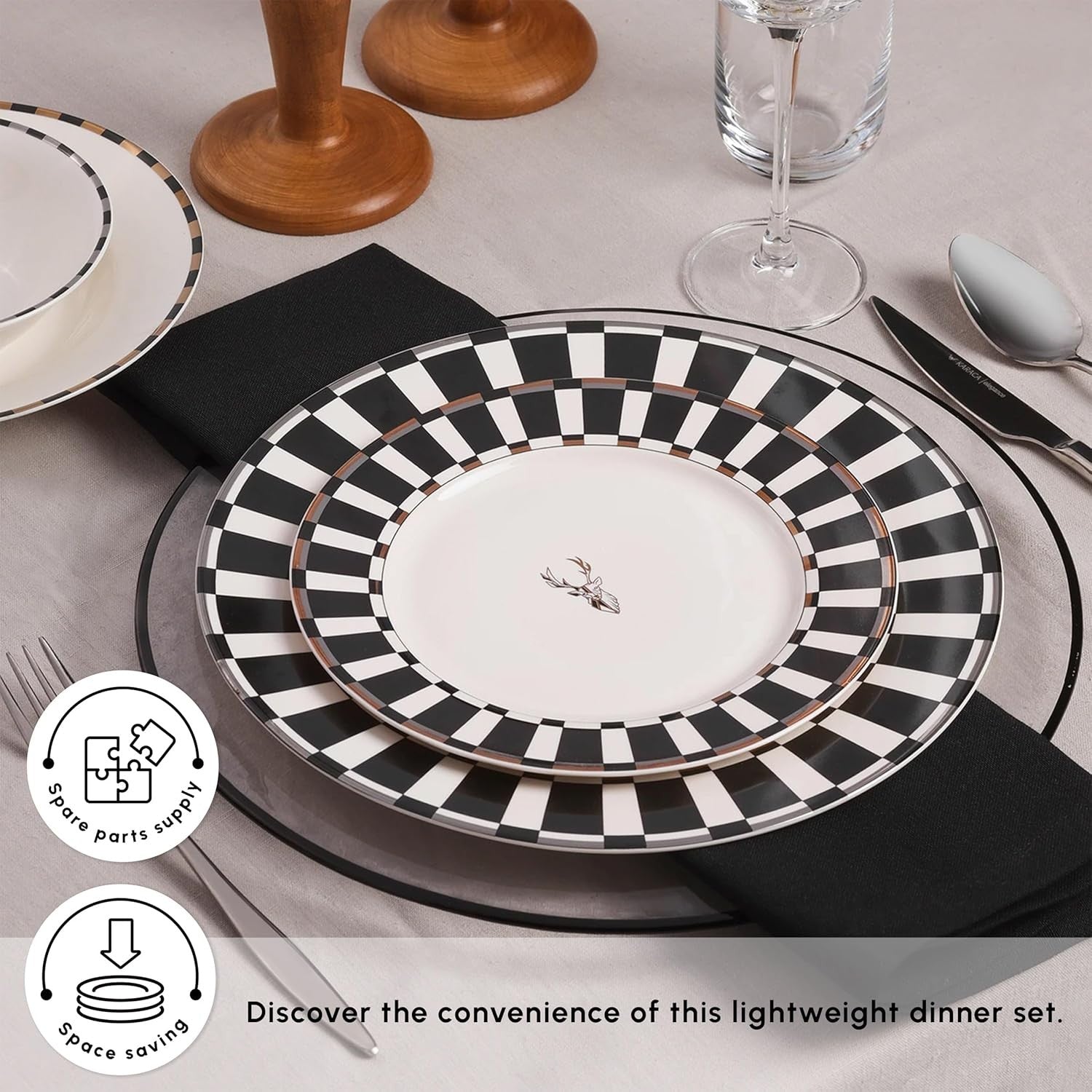 24pc Black White Dinner Set for 6 Bone China Plates Bowls Luxury Checked