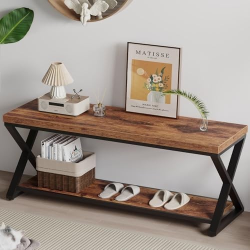 Rustic Brown Wood & Metal Entryway Bench with Shoe Storage Industrial Foyer Seat