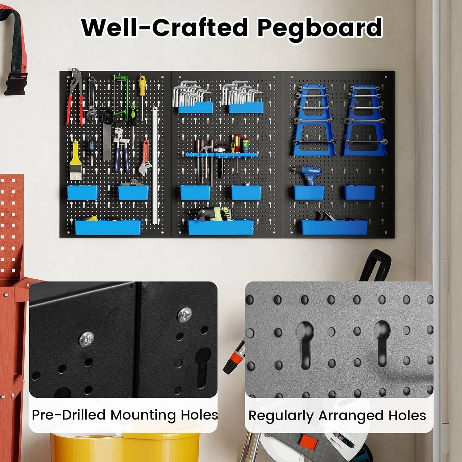 Black+Blue Pegboard Tool Organizer 3 Boards 26 Accessories Wall Rack