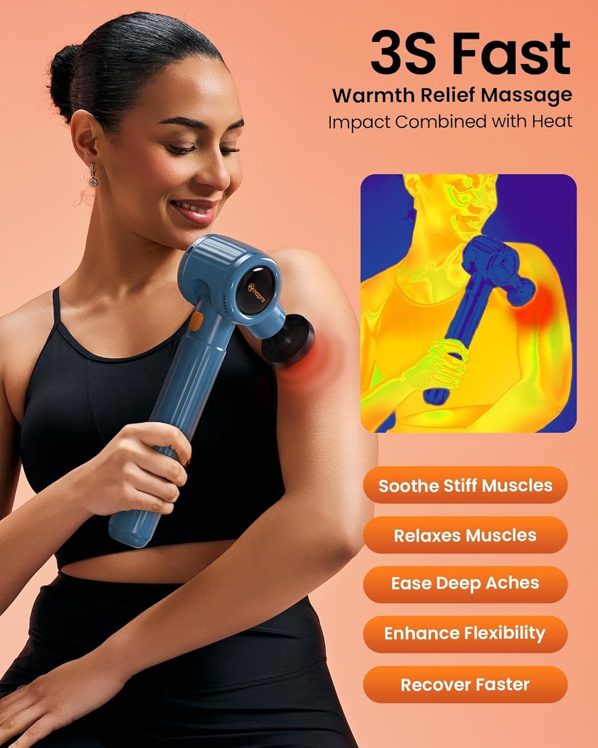 Heated Massage Gun Deep Tissue Percussion Long Handle Red Light Therapy