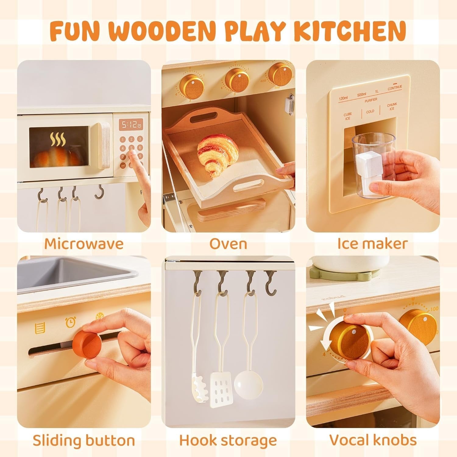 Wooden Kids Play Kitchen w/ Ice Maker Microwave Cream Toy