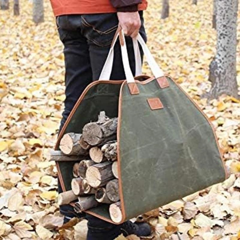 Durable Canvas Firewood Carrier Bag with Leather Handles – Portable Wood Tote