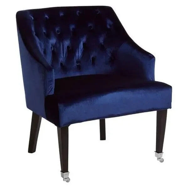 Blue Velvet Accent Chair Tufted Back Armchair with Wooden Legs & Castors