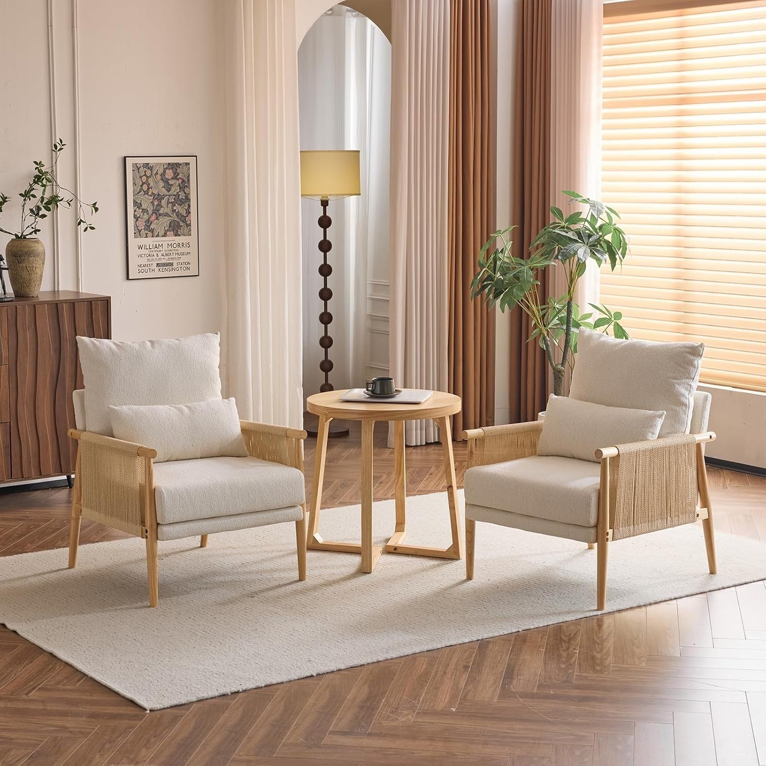 Mid-Century Rattan Accent Chair with Lumbar Pillow, Comfy Armrest
