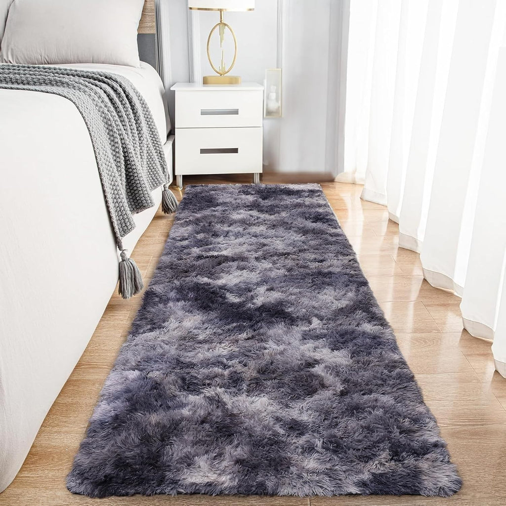Dark Grey Runner Rug 80x300cm Fluffy Shaggy Tie Dye Non Slip Thick Pile Carpet