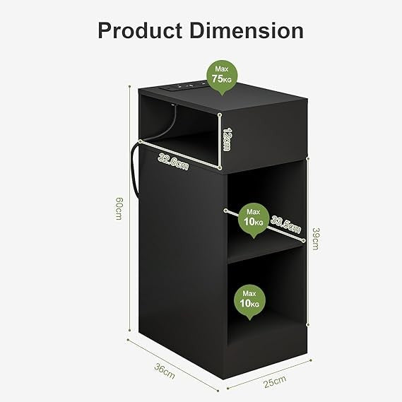 Black Slim Bedside Table with Charging Ports & 3 Shelves, Modern Narrow