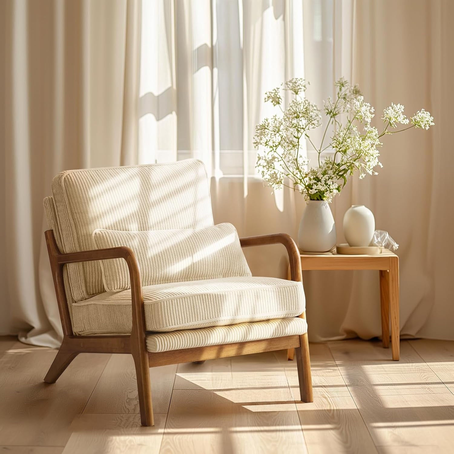 Dark Beige Corduroy Accent Chair – Solid Wood Lounge Armchair