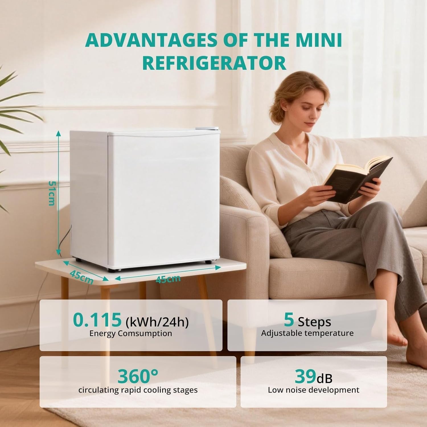 Mini Fridge 46L Compact Desktop Refrigerator Quiet Energy Efficient White