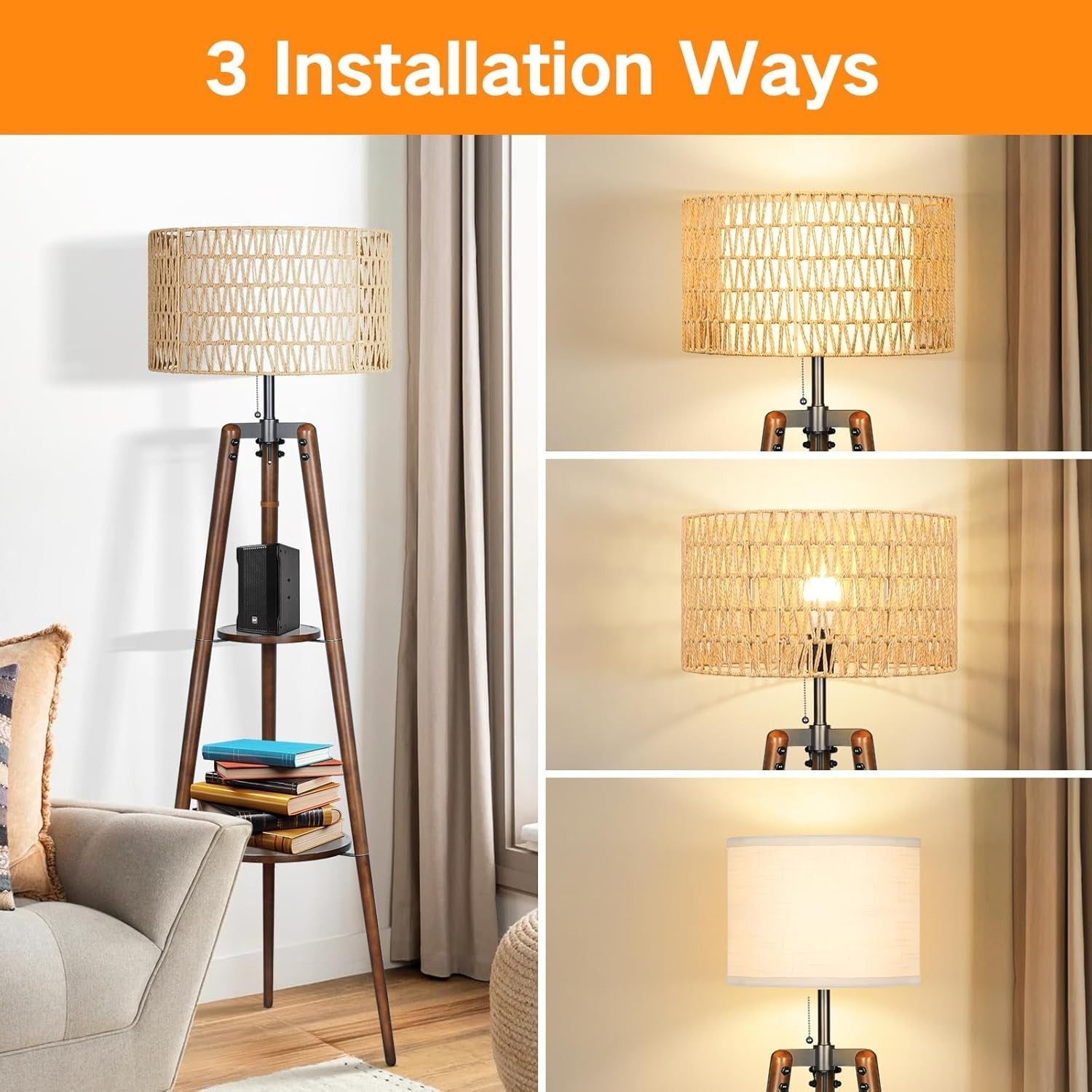 Dimmable Rattan Floor Lamp with Remote, Adjustable Warmth & Shelves 46x46x160cm