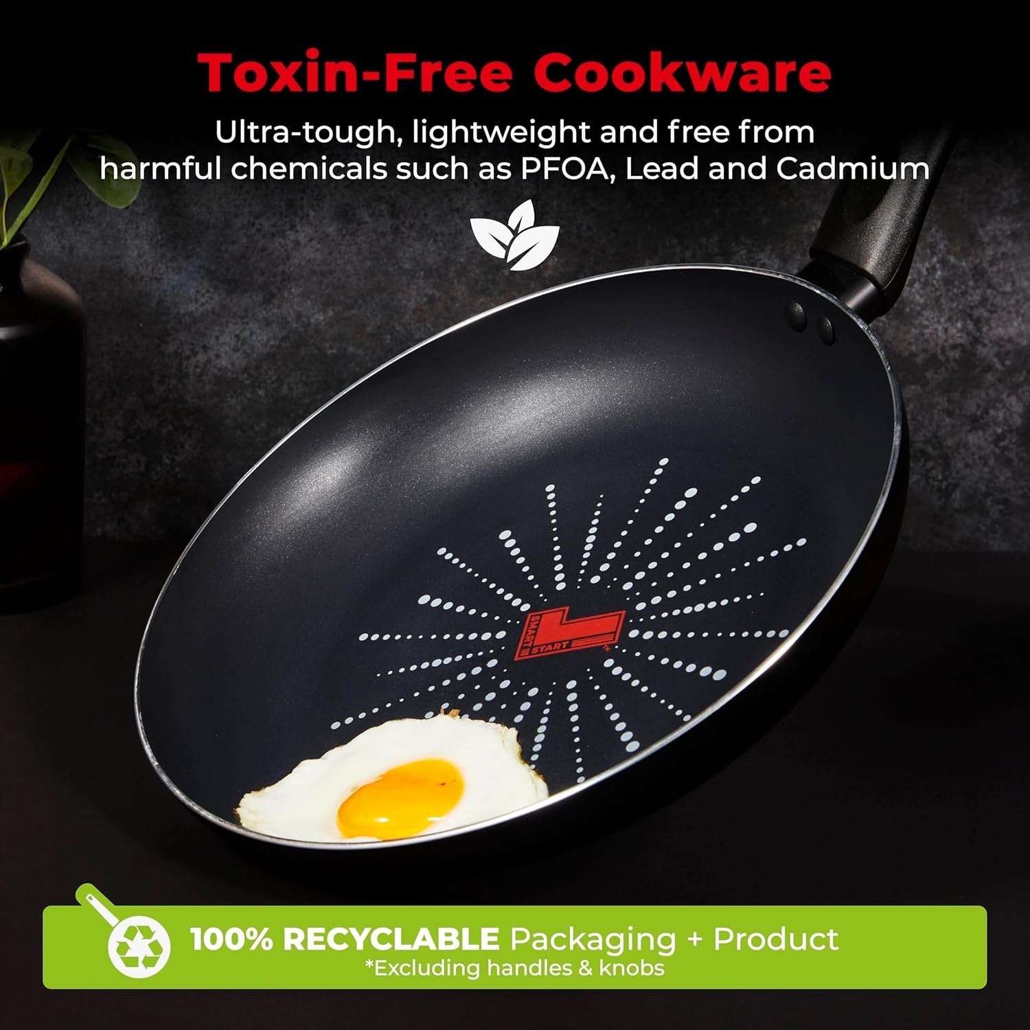 5Pcs Black Smart Start Non Stick Cookware Set, Oven Safe, Easy Clean, PFOA-Free