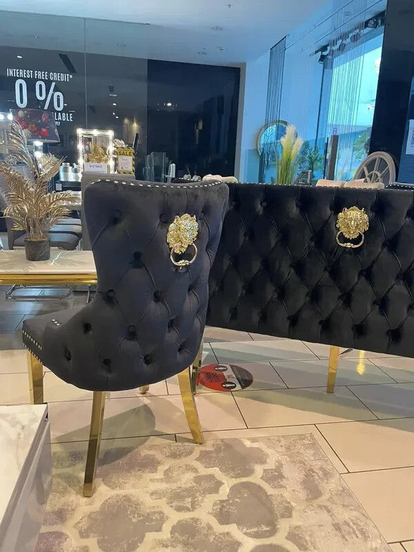 Black Velvet Dining Bench Gold Legs Lion Knocker Tufted Backrest Seat
