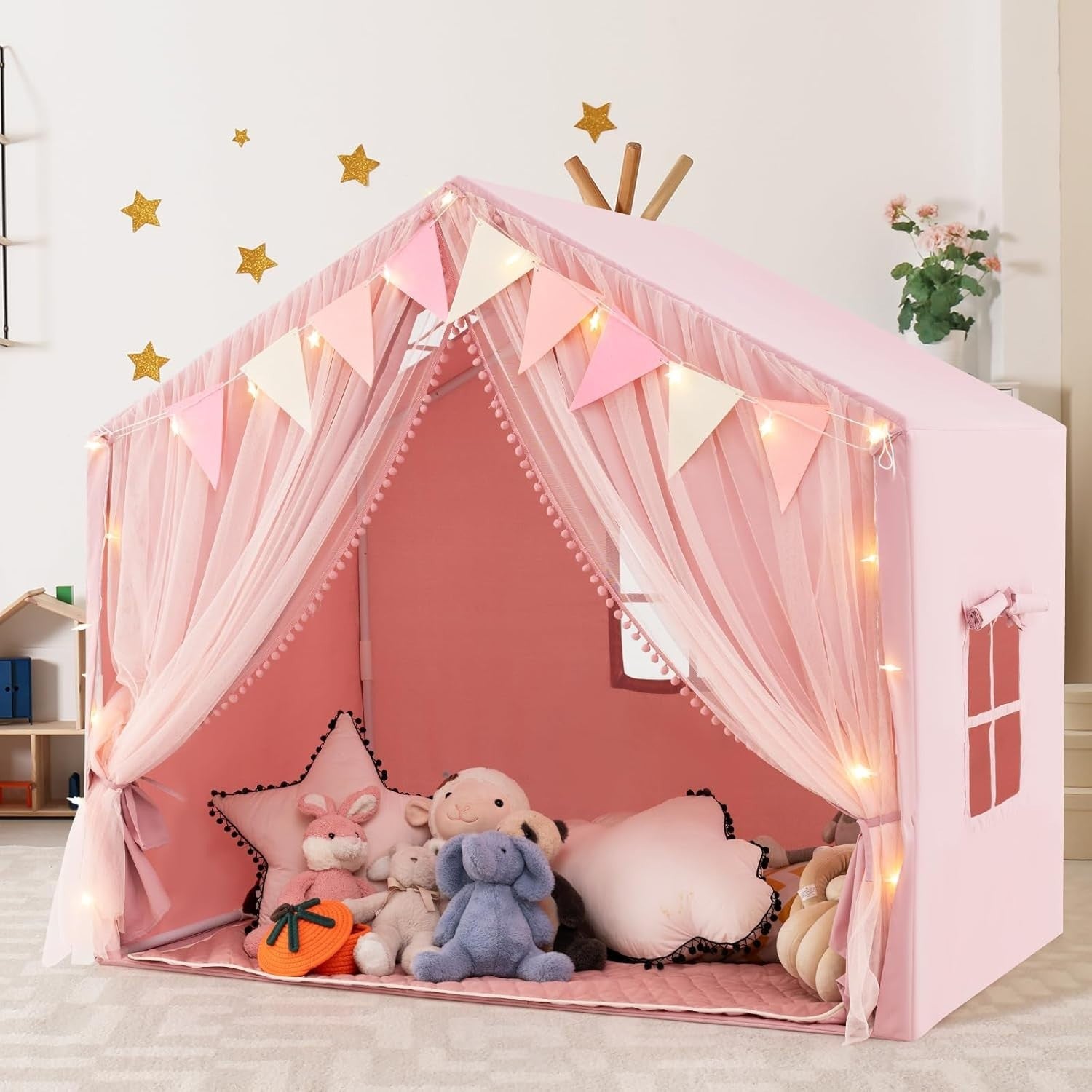 Pink Kids Fairy Playhouse Tent Indoor Outdoor w Lights Curtains Mat