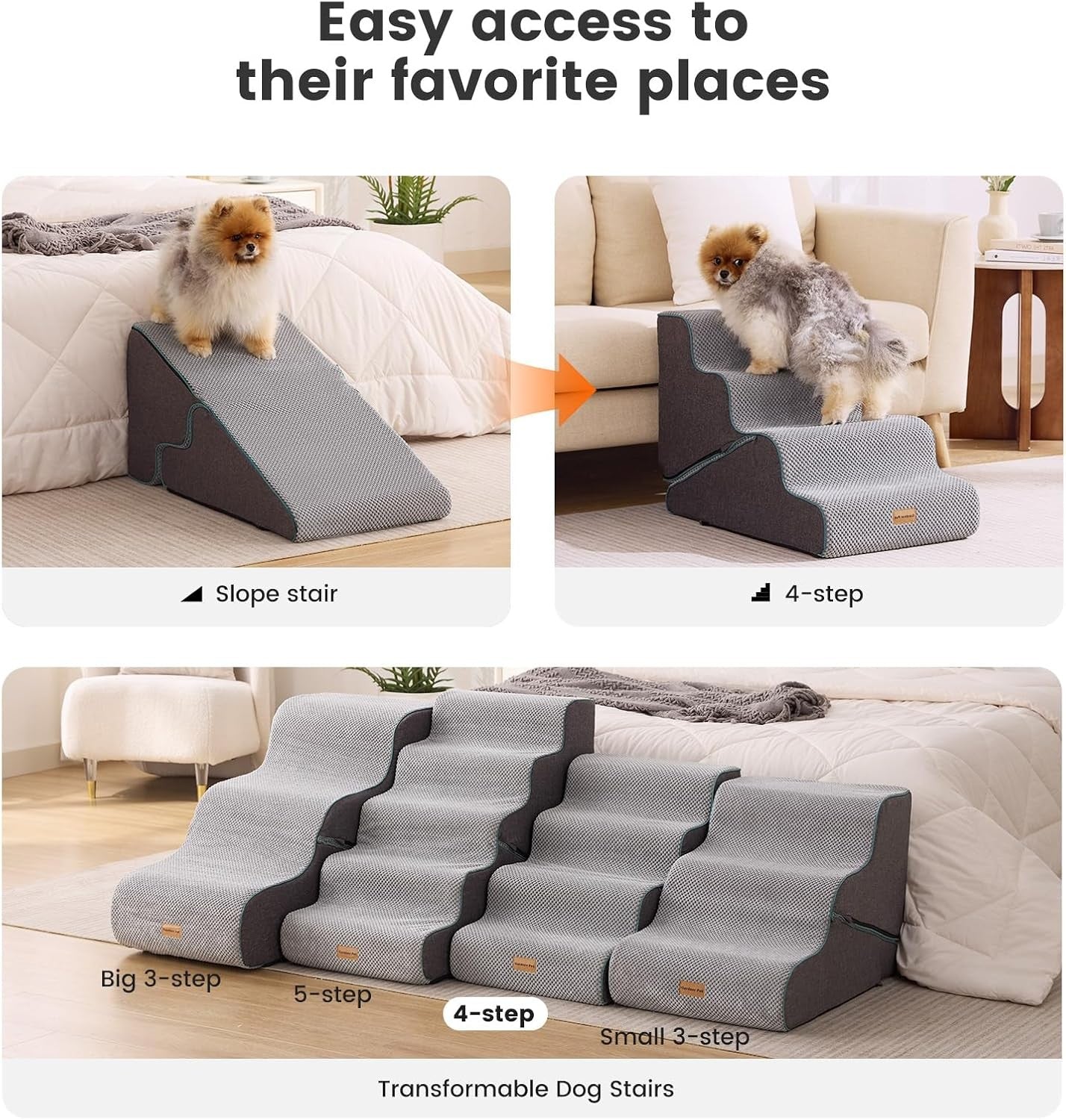 Adjustable 4 Step Dog Stairs Pet Ramp Non Slip Washable Grey