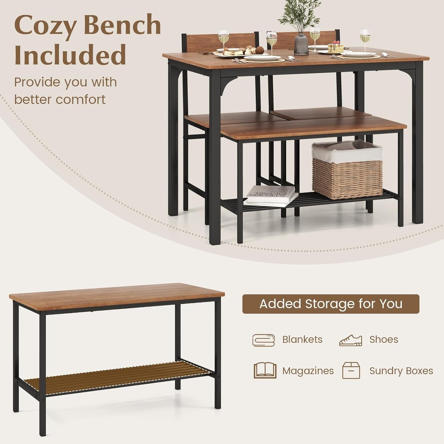 Teak Brown Industrial Dining Set with Bench & Storage Shelf – Seats 4
