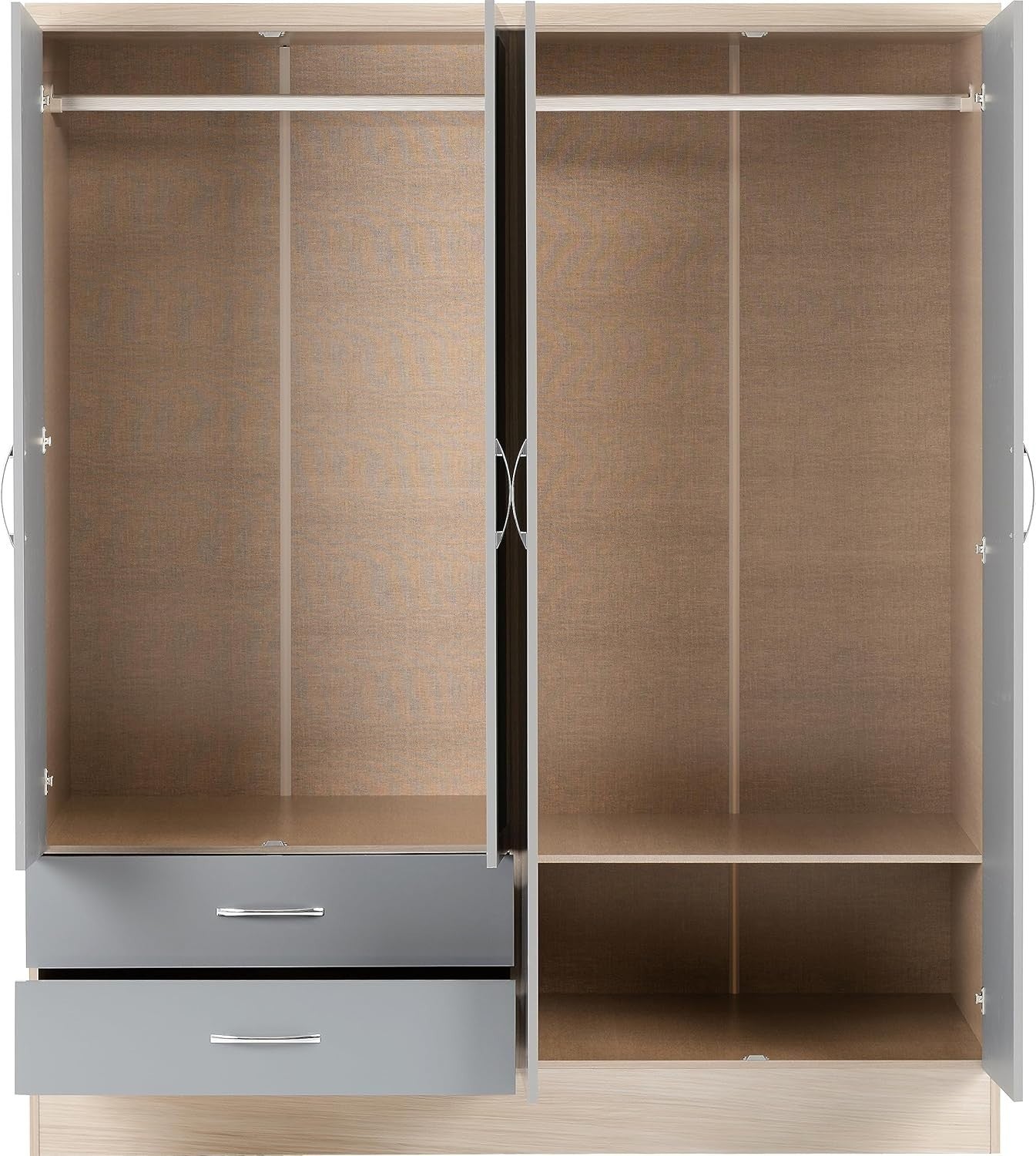 Grey Gloss 4 Door Wardrobe with 2 Drawers Large Storage Bedroom Closet