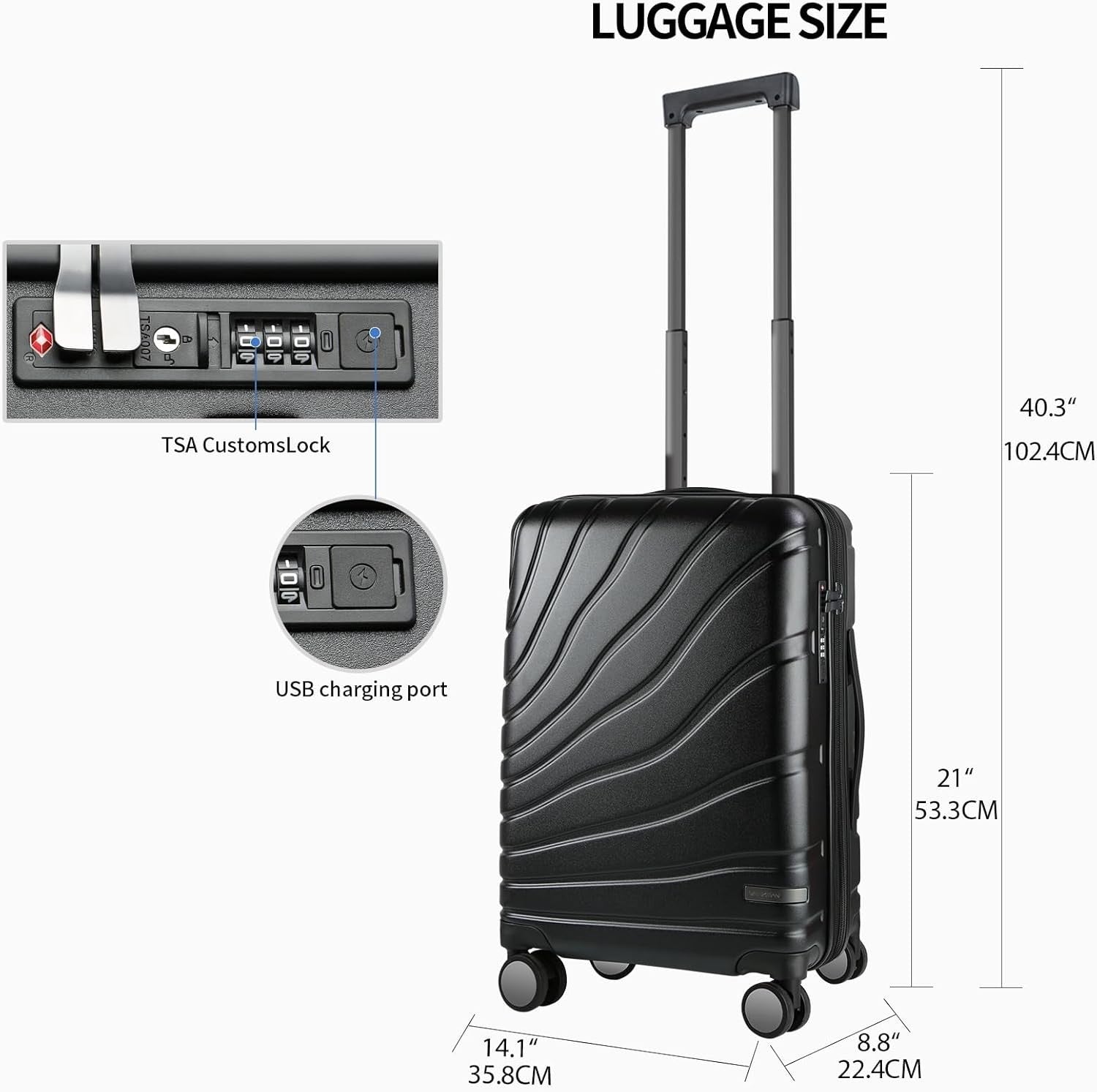 20 Inch Carry On Suitcase Lightweight PC Hard Shell Spinner TSA Lock