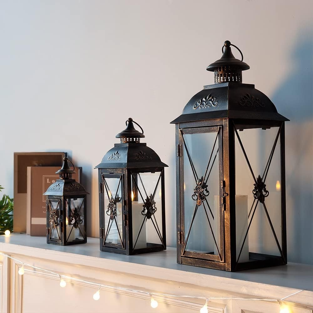 Black Gold Lantern Set of 3 Vintage Metal Candle Holders