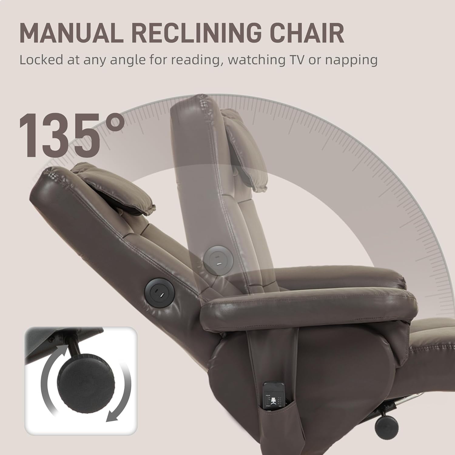 Massage Recliner Chair w/ Footstool Heat USB Storage Faux Leather Brown