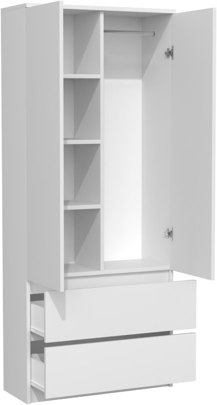 White Modern Double Wardrobe with Drawers & Hanging Rail - Bedroom Storage