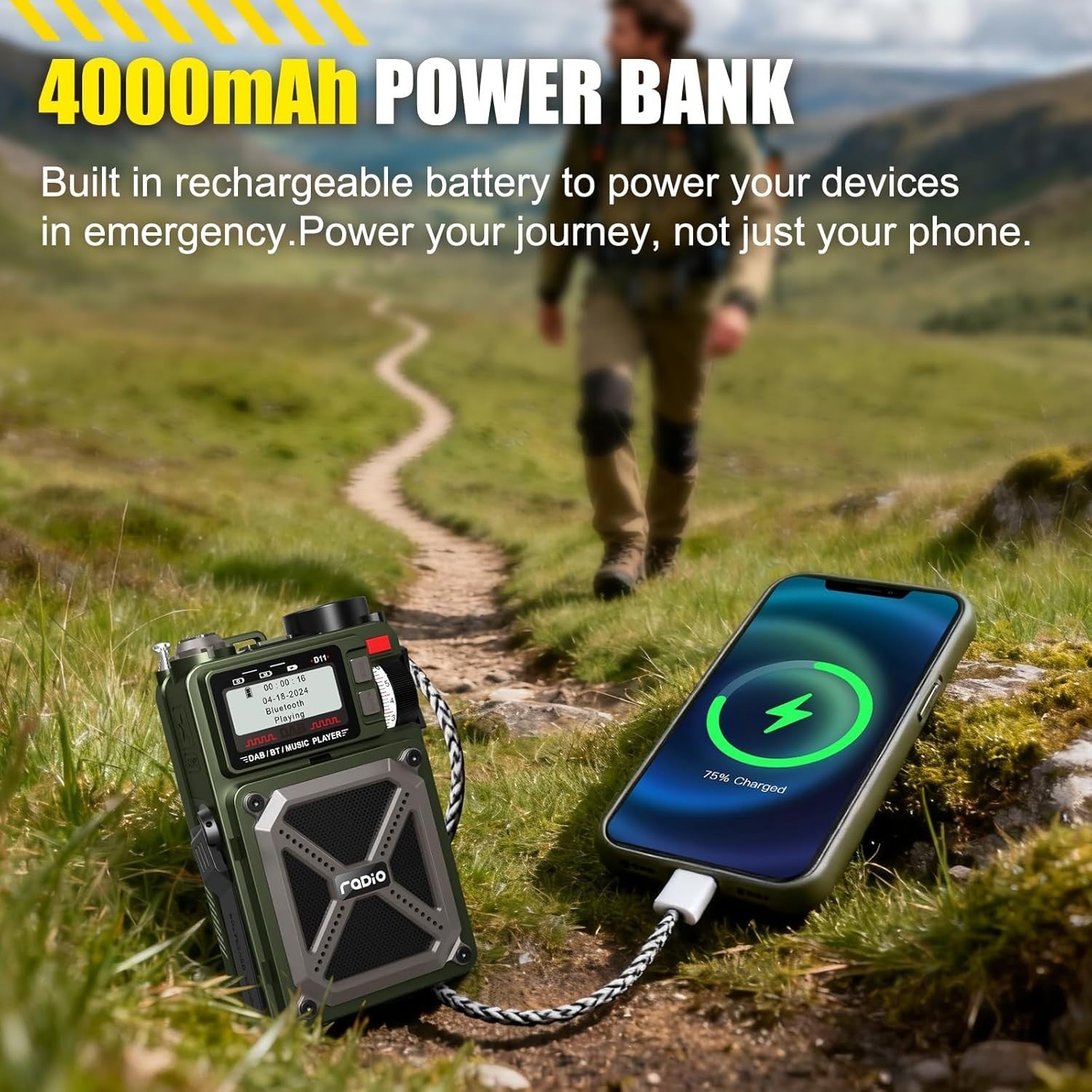 Portable DAB/FM Radio Bluetooth 5.3 Solar 4000mAh SOS USB