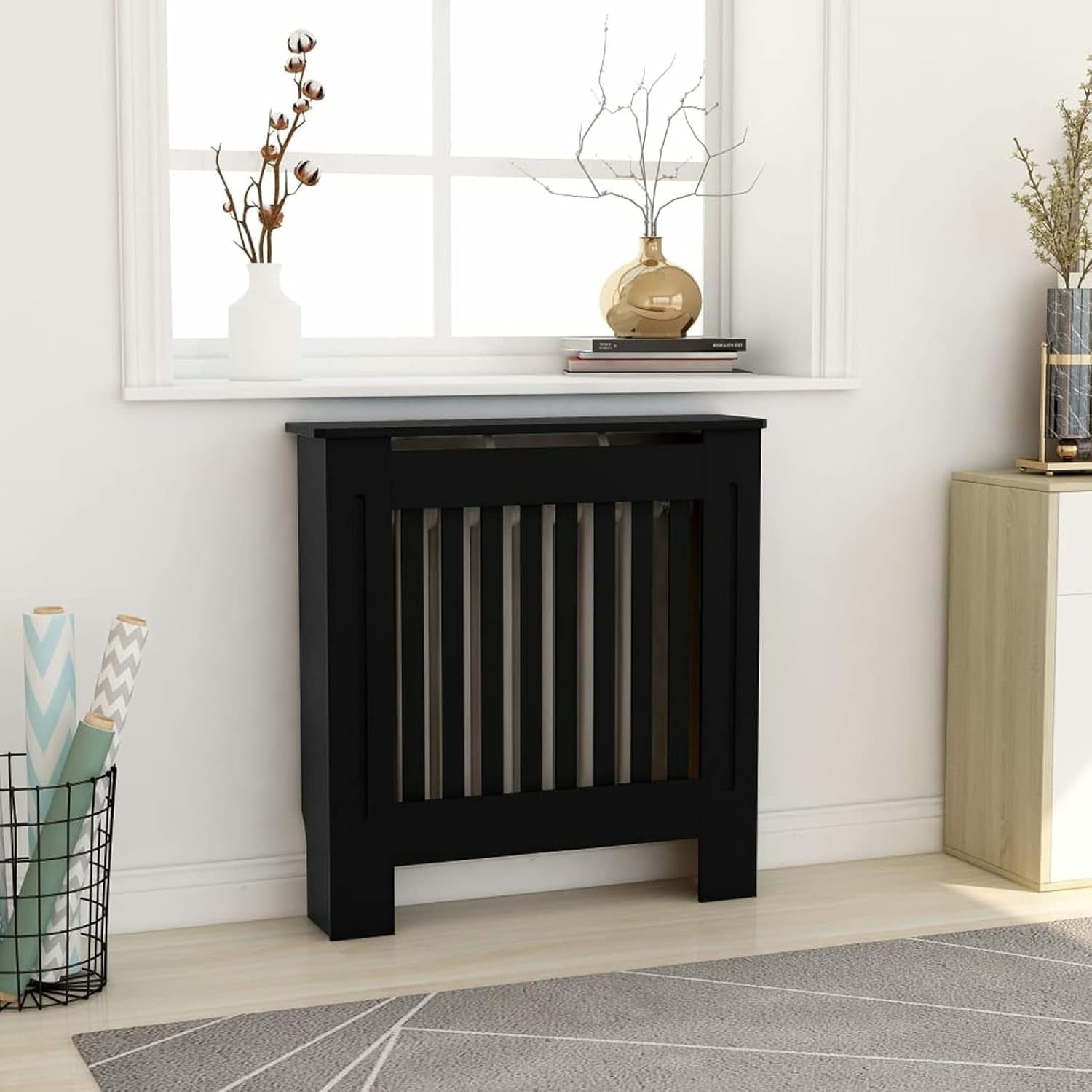 Black Radiator Cover 78x19x81.5cm Modern Slatted Design | MDF Wood Cabinet