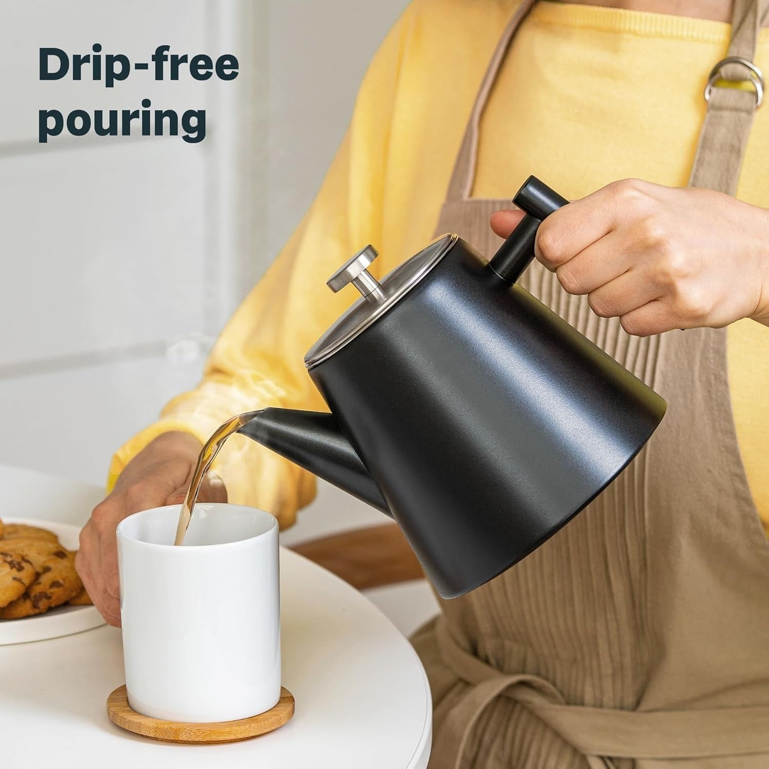 Black Stainless Steel Teapot 1L Double Wall Insulated w/ Tea Strainer