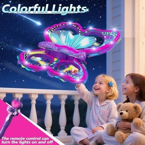 Kids Butterfly Drone RC Quadcopter with Lights, 2 Batteries & Stunts