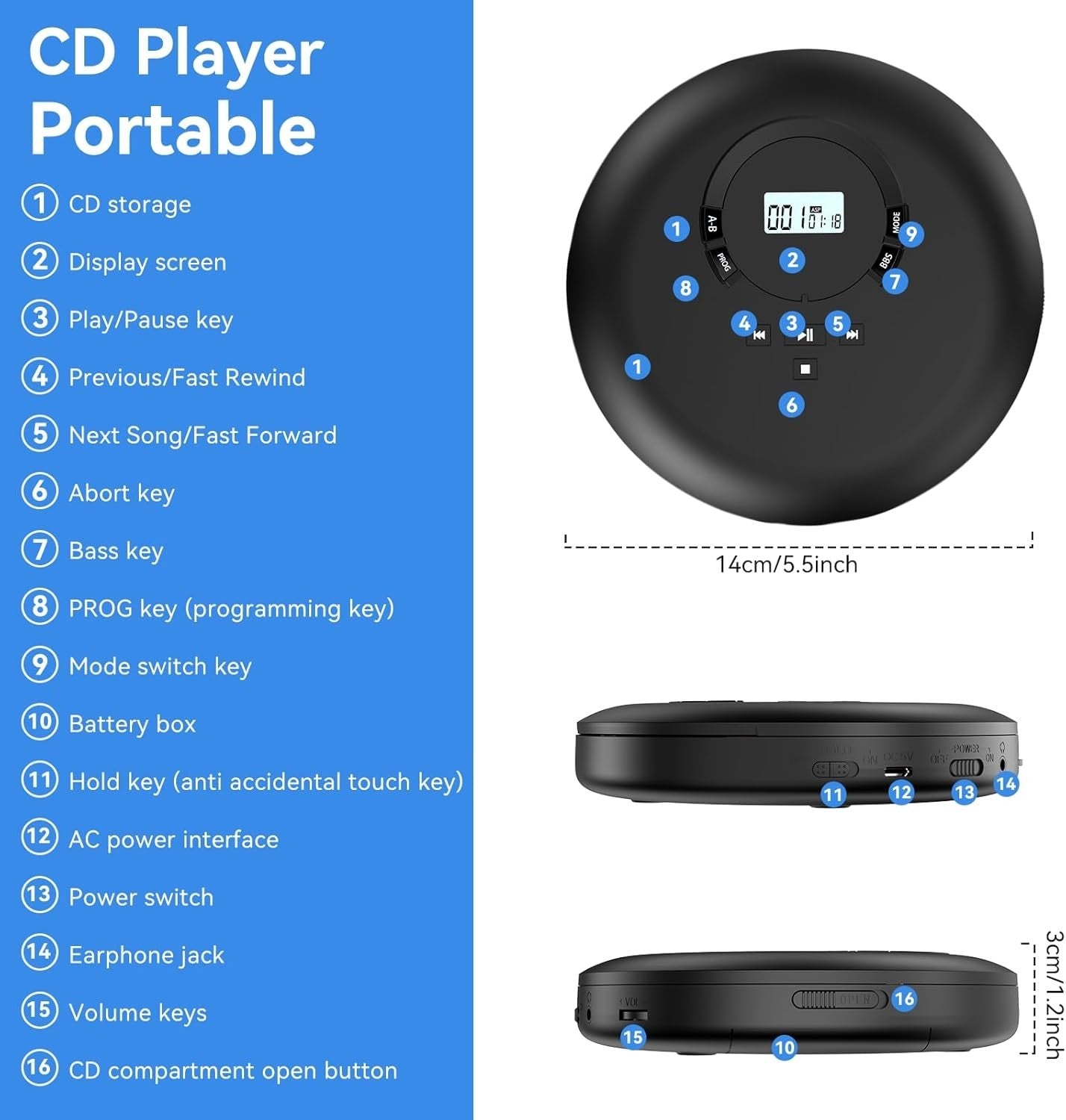 Portable CD Player Anti Skip LCD Earphones AUX PROG Memory Black