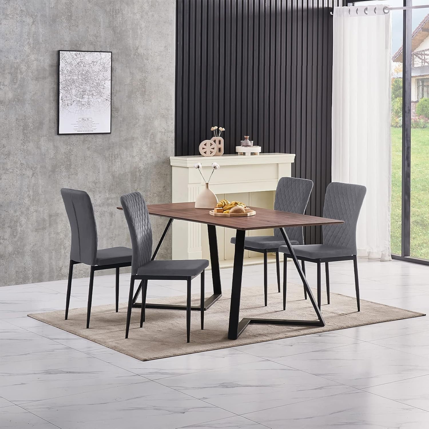 Modern Velvet Dining Table & 6 Chairs Set, Oak 150x80x75cm, Grey Comfort